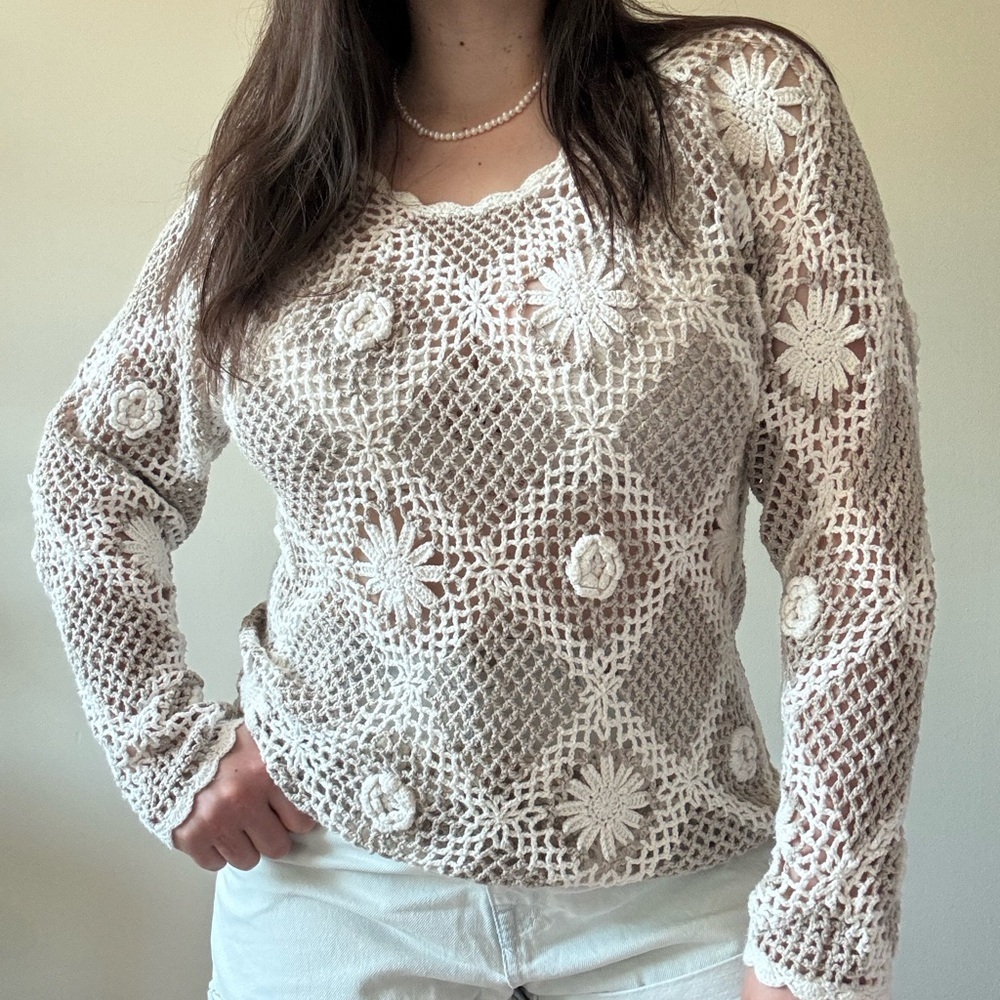 Best American Neutral Floral Crochet Sweater